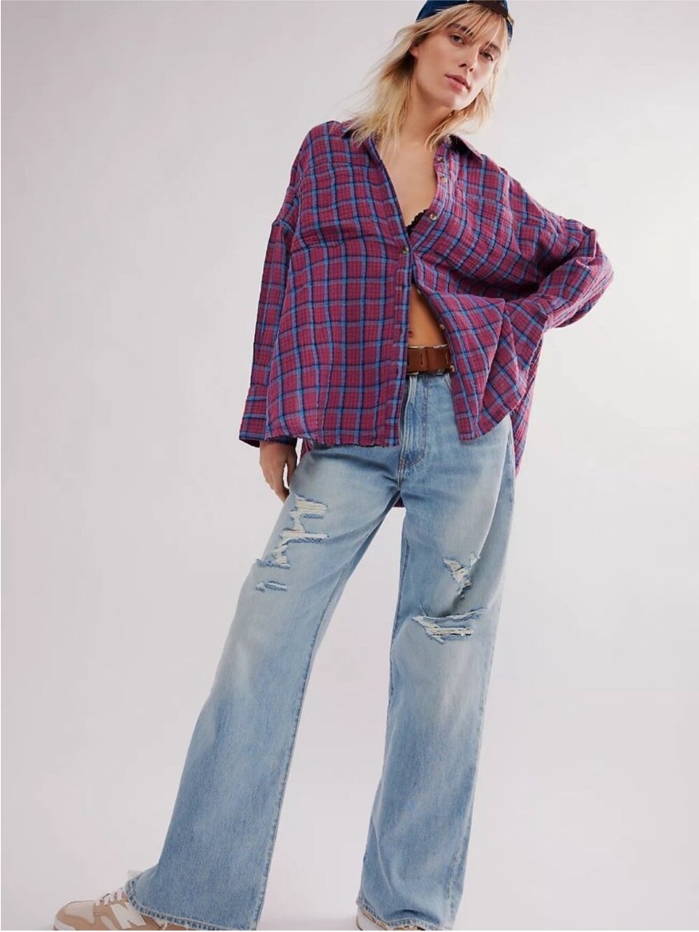We the Free by Free People Women's Cardiff Plaid Button Down in Purple Combo NWT